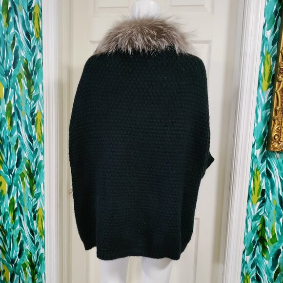 NWT Adrienne Landau Dark Green Real Fox Fur Collar Zipper Closure Knit Poncho OS - Picture 7 of 16